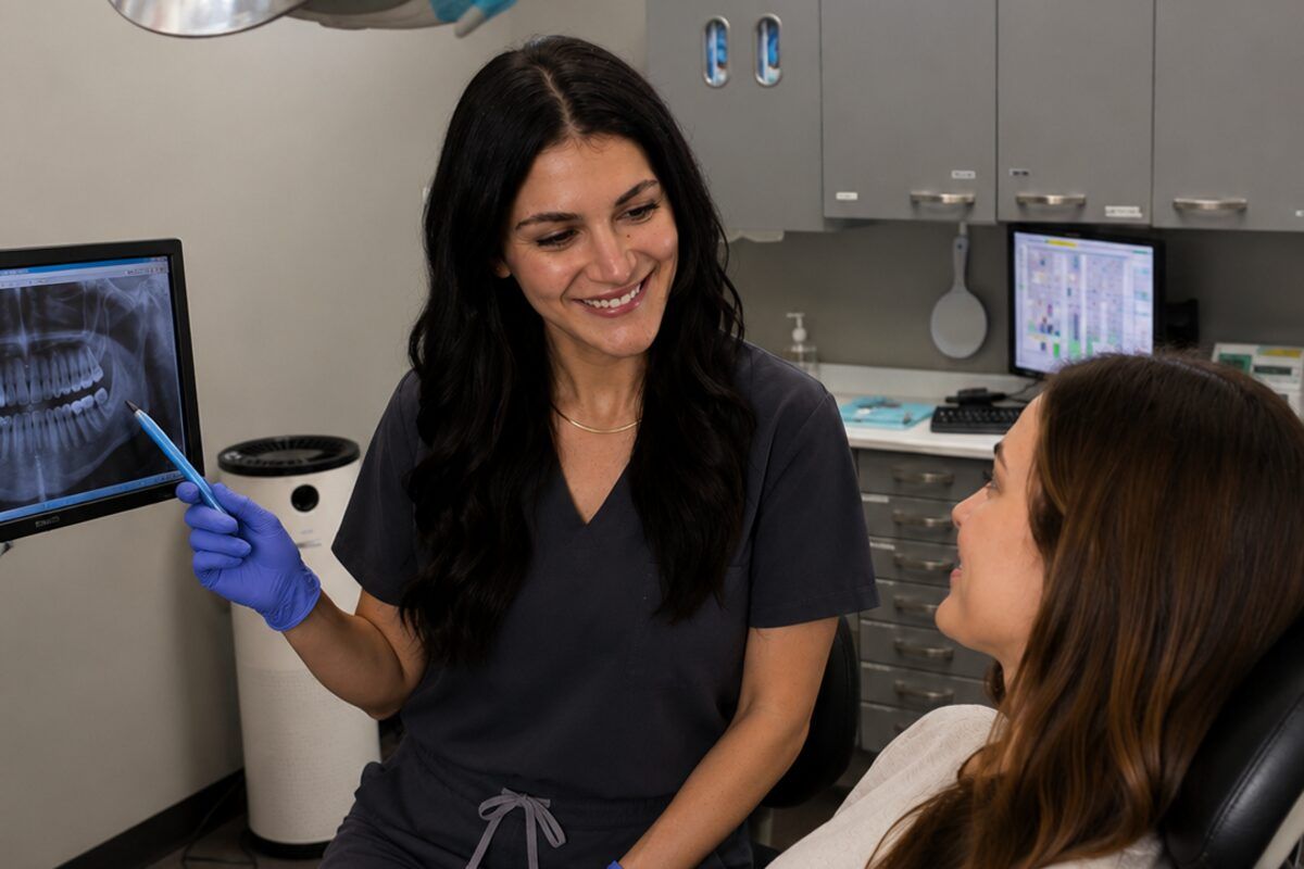 Dental assistant reviewing an X-ray with a seated patient