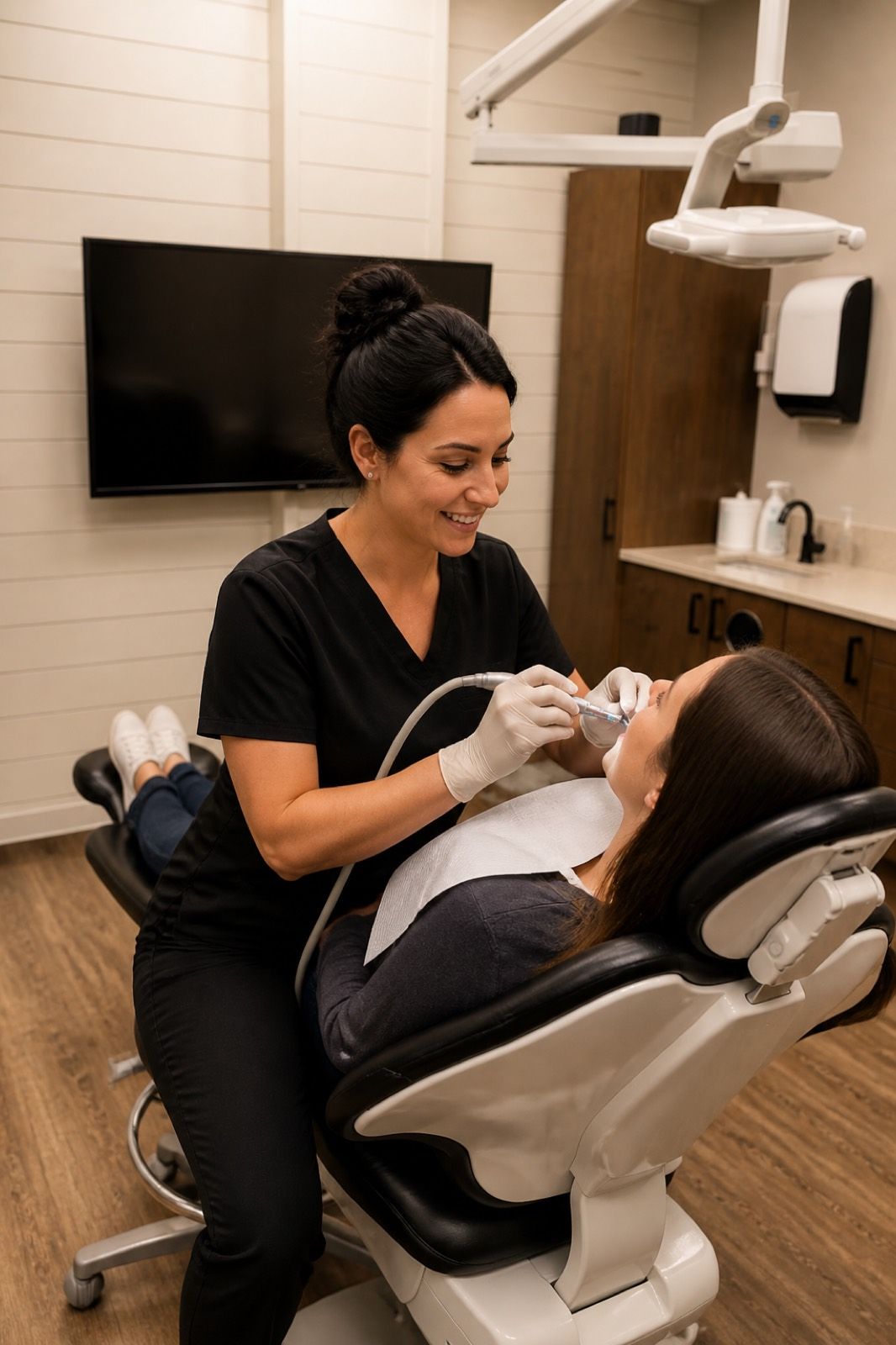 Dental hygienist cleaning a patient's teeth