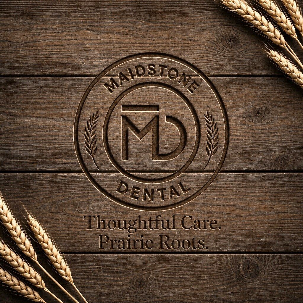Maidstone Dental wood-carved mark on barn wood, with the tagline Thoughtful Care. Prairie Roots.